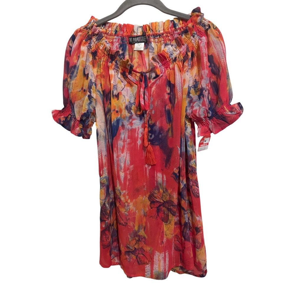 The Pyramid Collection Peasant Top Womens M Red Abstract Boho Chiffon Blouse